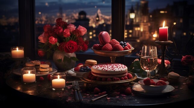 an image that captures the elegance of a Valentine's Day dinner, with romantic ambiance and decadent treats