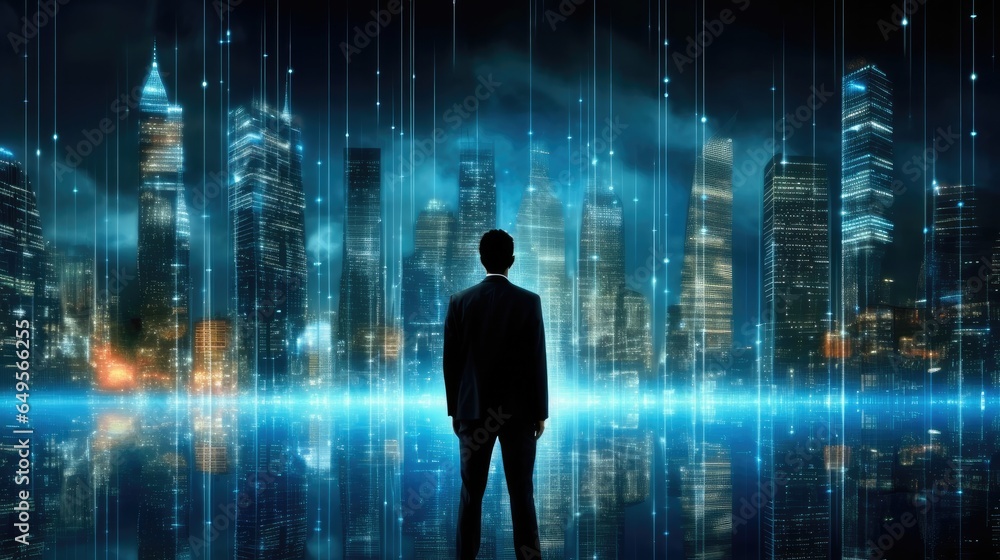 Poster businessman standing in cyberspace, technology, big data and blockchain concept.