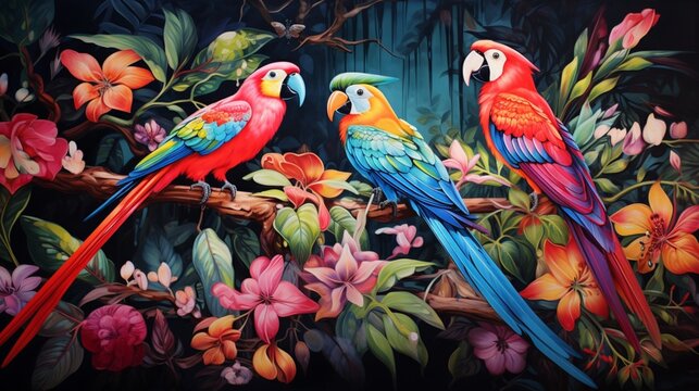 an image that celebrates the vivid colors of tropical birds amidst lush rainforest foliage, a vibrant tapestry of life