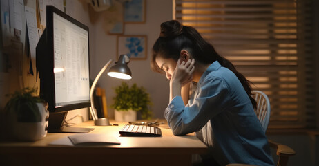 Asia young woman study tired sitting head in hands at home office desk.