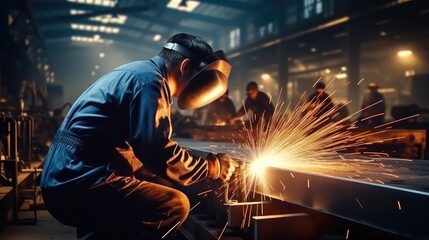 Industrial Worker at the factory welding.