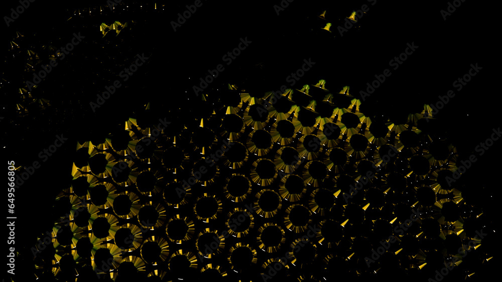 Poster black background with glass mesh. design. yellow and green backlighting on a grid connected to each 