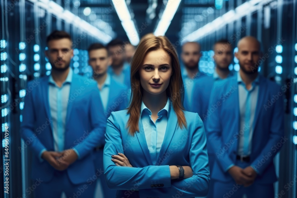 Poster confident team standing in a server room with servers in the background.