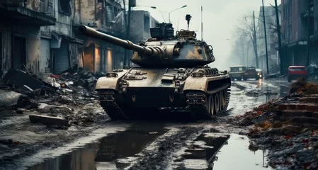 Selbstklebende Fototapete Kiew Consequences of War, Tank in ruined city street.