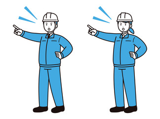 声を出しながら指差し確認をするヘルメットと作業着を着た男女のビジネスパーソン