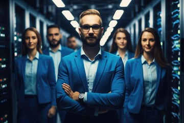 Obraz premium Confident team standing in a server room with servers in the background.
