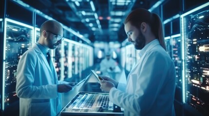 Technology professionals in white coats working in vast data centre with rows of computer servers, Data center room.