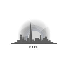 Baku Azerbaijan cityscape skyline city panorama vector flat logo, modern icon. Caspian Sea region emblem idea with landmarks and building silhouettes, isolated clipart at sunset, sunrise, night