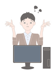 困る　ビジネスカジュアルの服装をした男性　デスクトップパソコン　エラー