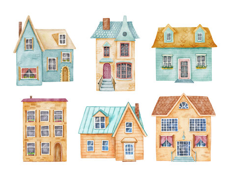 Hand drawn watercolor old and cozy houses set. Cute cottage isolated on white background