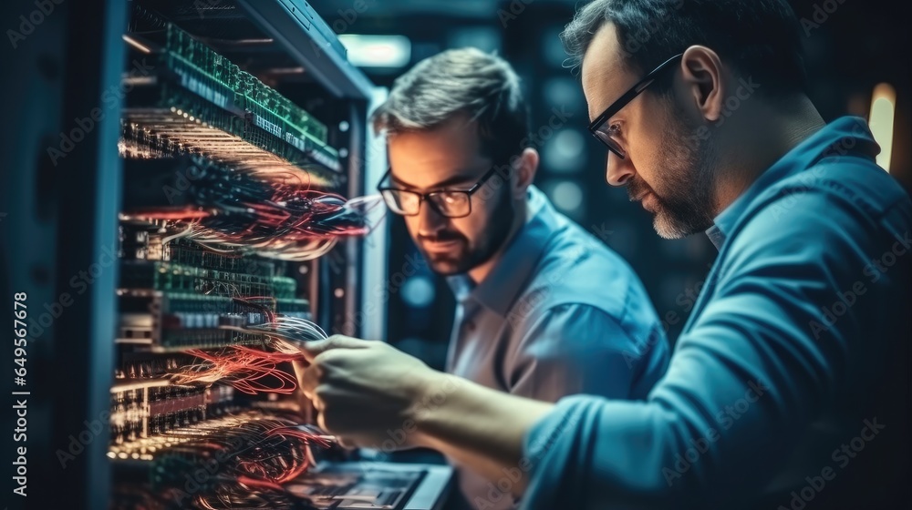 Aufkleber Two technicians working in an IT-Hardware rollout for customers in the banking industry.