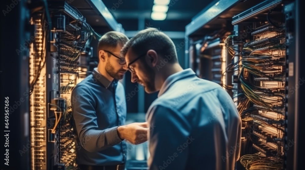 Fototapete Two colleagues are working in a data center. They are using machine learning algorithms to process.