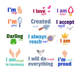 Positive quotes for self-love vector illustrations set. Collection of cartoon drawings with motivational happy text. Self-love, motivation, inspiration, lifestyle, positivity, happiness concept