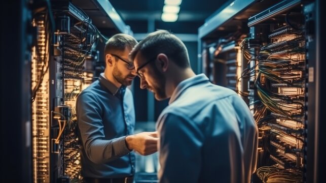 Two colleagues are working in a data center. They are using machine learning algorithms to process.