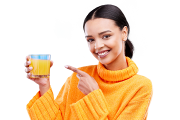 Happy woman, portrait and pointing to orange juice for health with a smile. Female model, glass and fruit cocktail drink for detox, nutrition and vitamin c isolated on a transparent, png background