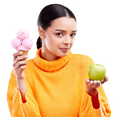 Isolated woman, ice cream and apple in portrait for choice, thanks and diet review by transparent...
