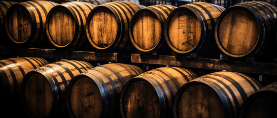 Distillery barrels in wine Cellar.