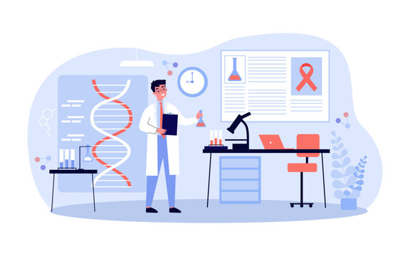 Scientist Working On Cancer Vaccine In Lab Vector Illustration. Cartoon Drawing Of Scientific Breakthrough, Research For Discovering Cure For Cancer. Cancer, Science, Development, Treatment Concept