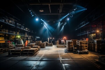 Warehouse being prepared for a large event, with staging and equipment being set up, Generative AI