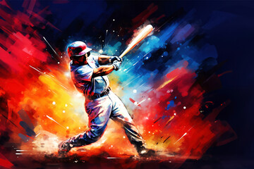 Photo of a baseball player swinging a bat in a vibrant painting - obrazy, fototapety, plakaty