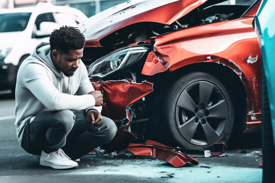 Young black man driver in car accident and holding his head near broken car on the road after a car accident. Car accident on the street, damaged cars after collision. Violation of traffic rules.