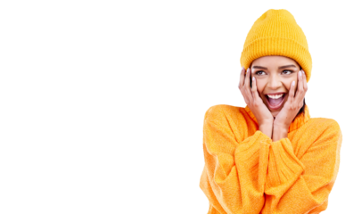 Excited, happy and woman in winter fashion with beanie, jersey and isolated on a transparent, png background. Style, student and cap with a smile of a female person in warm clothes for cold weather