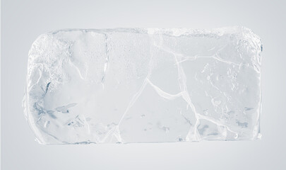 Ice piece with cracks. A rectangular block of ice, isolated on a white background.