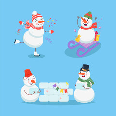 Snowmen having fun in winter vector illustrations set. Happy frosty friends in hats and scarfs ice skating, sledding and building ice fort together. Winter activities, Christmas, holiday concept