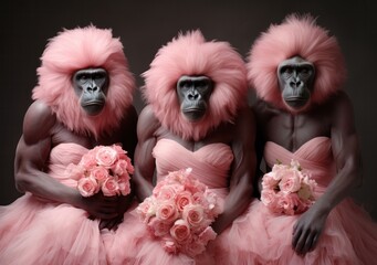 Obraz premium A playful group of anthropomorphic monkeys wearing vibrant pink dresses brings a fun and colorful energy to the indoor space