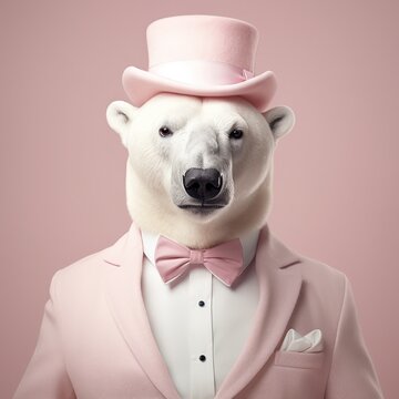 In this vibrant and imaginative scene, an anthropomorphic polar bear dressed in a pink suit and hat stands inside a room, its white snout and bow-tie collar adding an extra layer of fun to the colorf