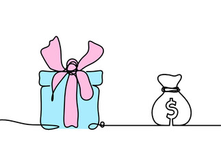 Abstract color present box and dollar as continuous line drawing on white