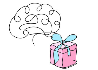 Abstract color present box and brain as continuous line drawing on white