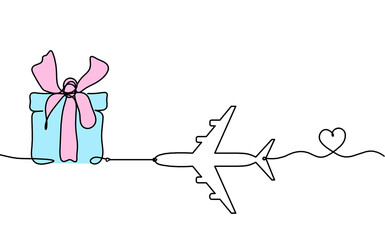 Abstract color present box and plane as continuous line drawing on white