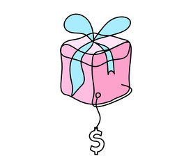 Abstract color present box and dollar as continuous line drawing on white