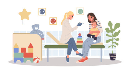 Mother comforting child before vaccination vector illustration. Nurse preparing syringe for baby in pediatrician office with toys and cozy environment. Child-friendly health care, medicine concept