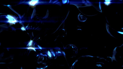 electrical blue glowing translucent crystalline meta spheres on black - abstract 3D illustration