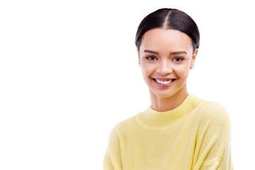 Fashion, funny and portrait of woman with style and confident isolated in a transparent or png background. Relax, smile and headshot of young person pose with clothes for calm natural beauty