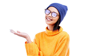 Woman hand, smile and portrait for promotion, product placement and announcement. Glasses, student and mockup space of a gen z girl with sale and deal isolated on a transparent, png background