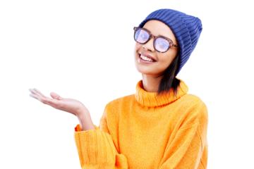Woman hand, smile and portrait for promotion, product placement and announcement. Glasses, student and mockup space of a gen z girl with sale and deal isolated on a transparent, png background