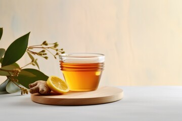 A glass of lemon tea on table top, minimal style.