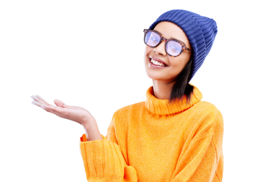 Woman hand, smile and portrait for promotion, product placement and announcement. Glasses, student and mockup space of a gen z girl with sale and deal isolated on a transparent, png background