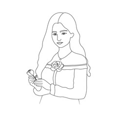One line beautiful girl with long hair with flower in hand