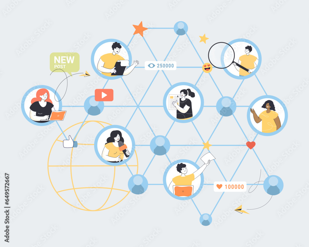 Poster network of users sharing content vector illustration. people on web liking, commenting and spreading