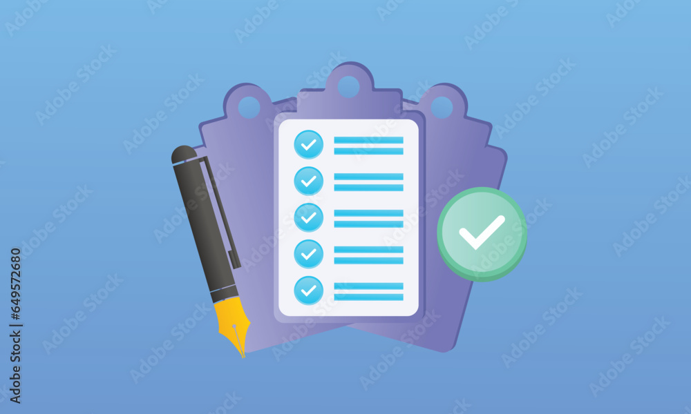 Poster approved documents papers icon. stack of sheets with approval check mark render.on blue background.v