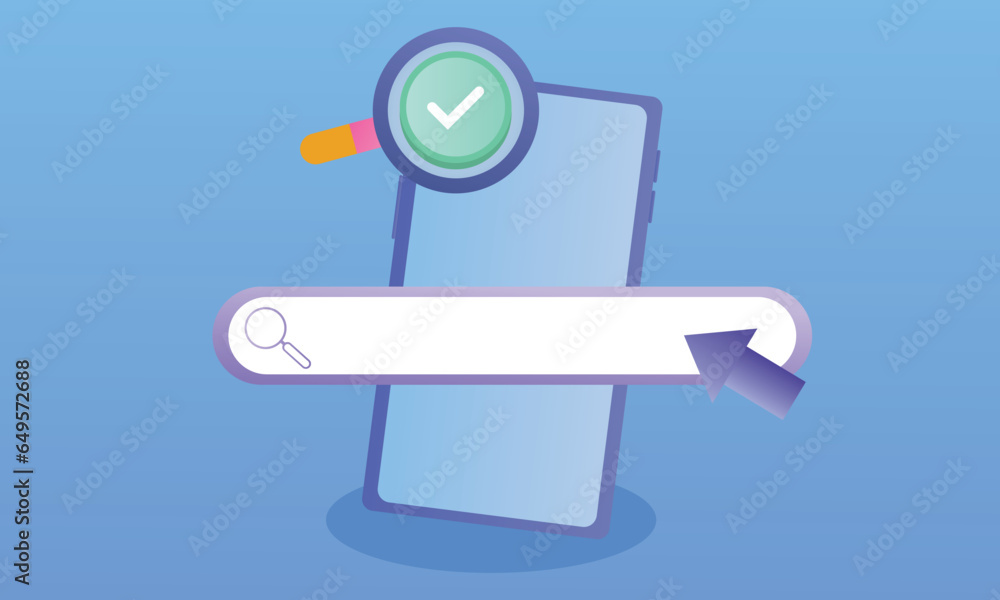 Poster search bar on screen mobile phone with magnifying glass. searching on internet with smartphone. sear