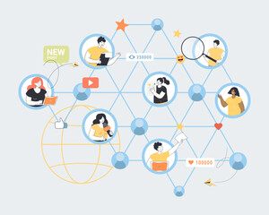 Network of users sharing content vector illustration. People on web liking, commenting and spreading posts online across social media platforms. Virality, global connectivity concept