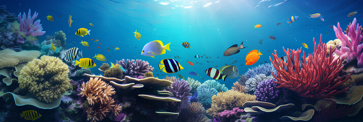 Fototapeta na wymiar Pictures of beautiful underwater landscapes with colorful fish and coral can be used to accompany marine tourism ideas.