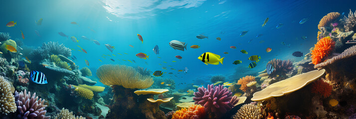 Obraz na płótnie Canvas Pictures of beautiful underwater landscapes with colorful fish and coral can be used to accompany marine tourism ideas.