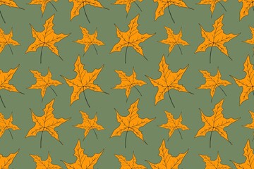 Seamless pattern with colorful autumn leaves. Hand drawn illustration