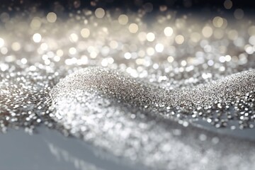 Silver glitter background with bokeh defocused lights and sparkles. Glittering lights background. Abstract background with bokeh defocused lights. 3D rendering